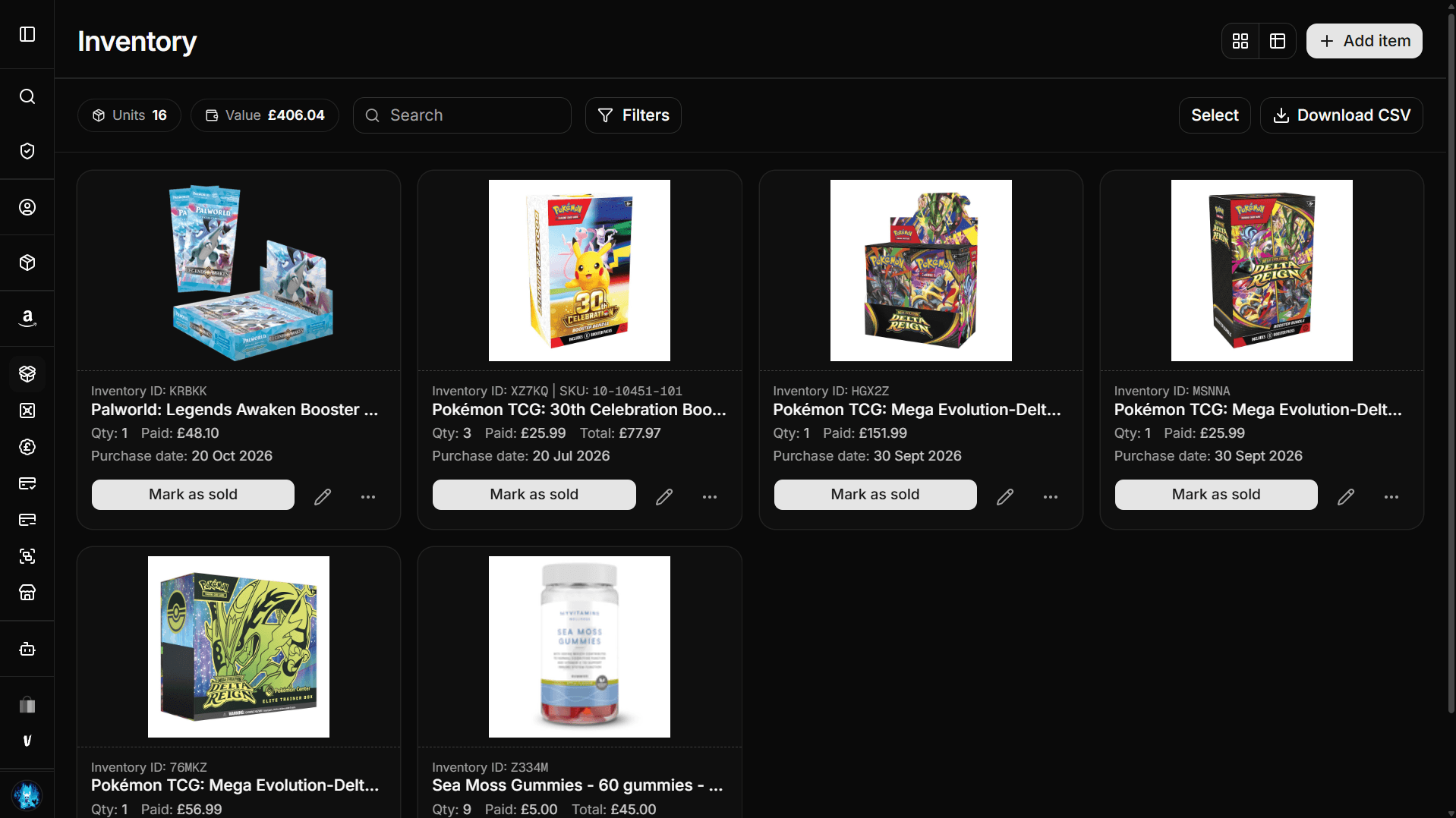The Inventory tracker tool, showing a grid of tracked items with cost and purchase date